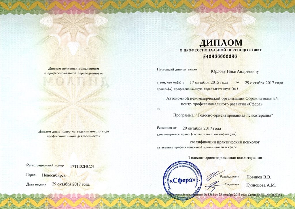 Телесно-ориентированная психотерапия. Диплом 2017 год.